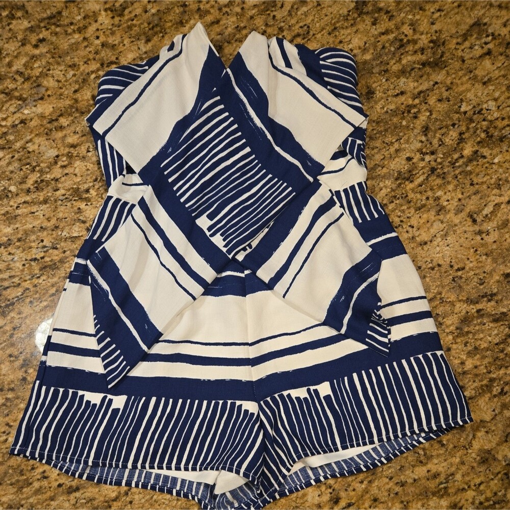 Lulus Delphi Blue and White Striped Tie-Front Strapless Romper SIZE SMALL